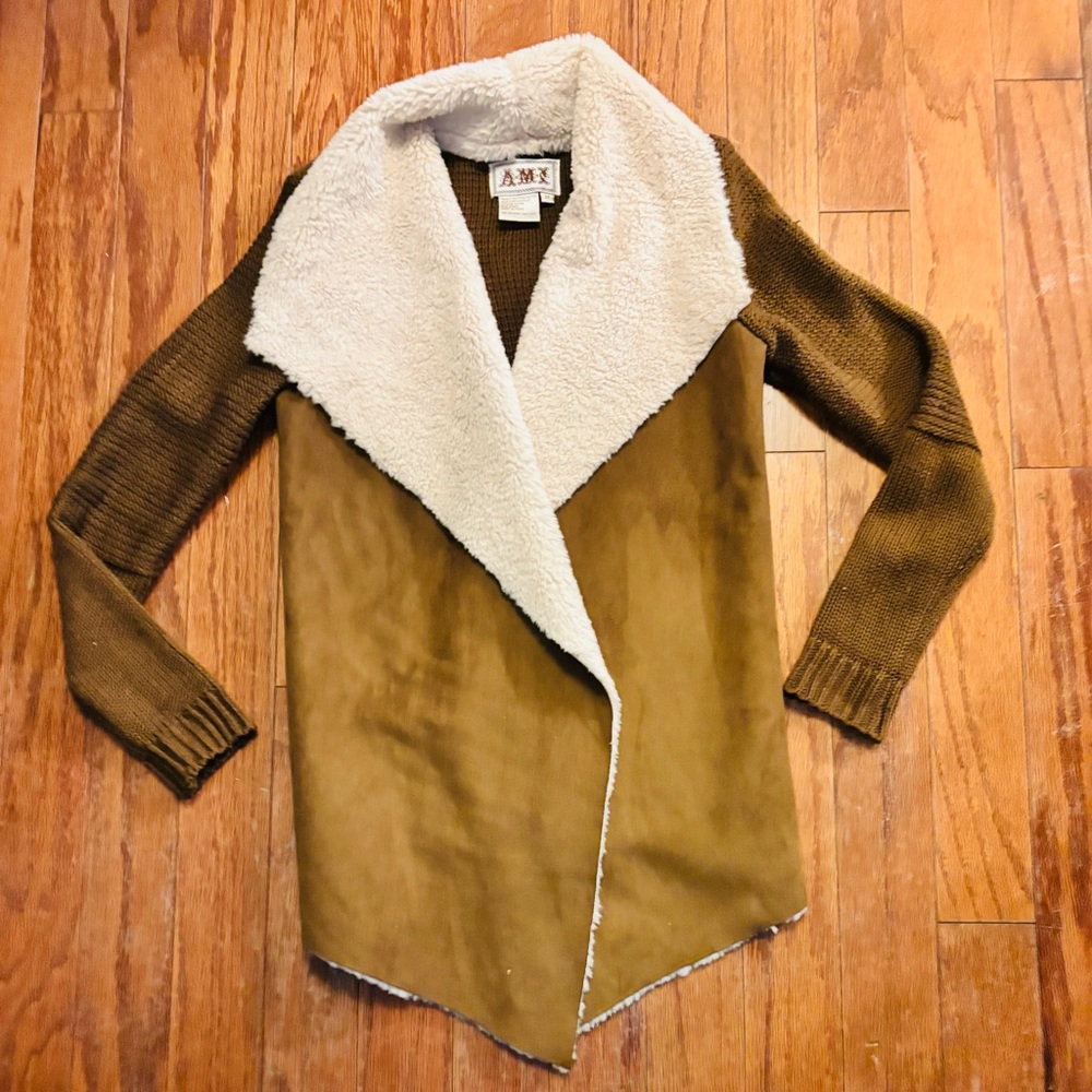 DMX Brown and Cream Faux-Suede and Knit Cardigan Women's Jacket Size M EUC